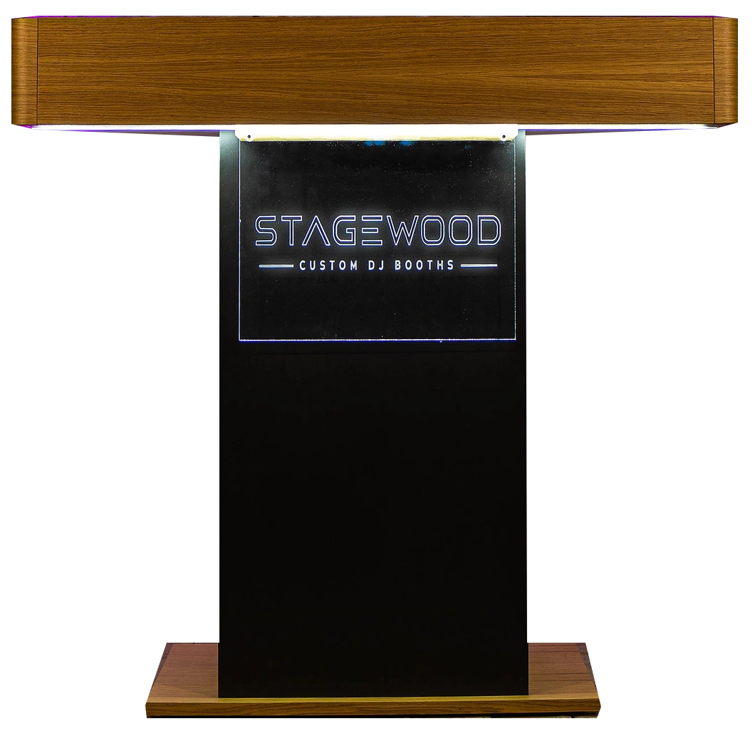 Stagewood Mono with wood-appearance top and base, dark central pedestal and illuminated original logo panel.